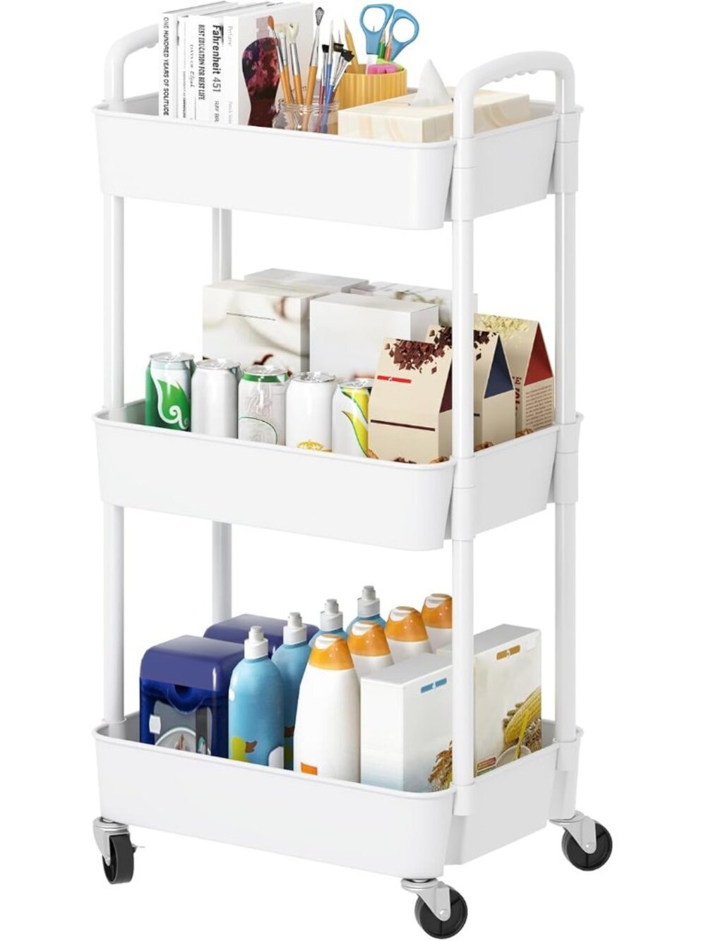 3 Tier Rolling Cart with Wheels, Utility Storage Carts,White